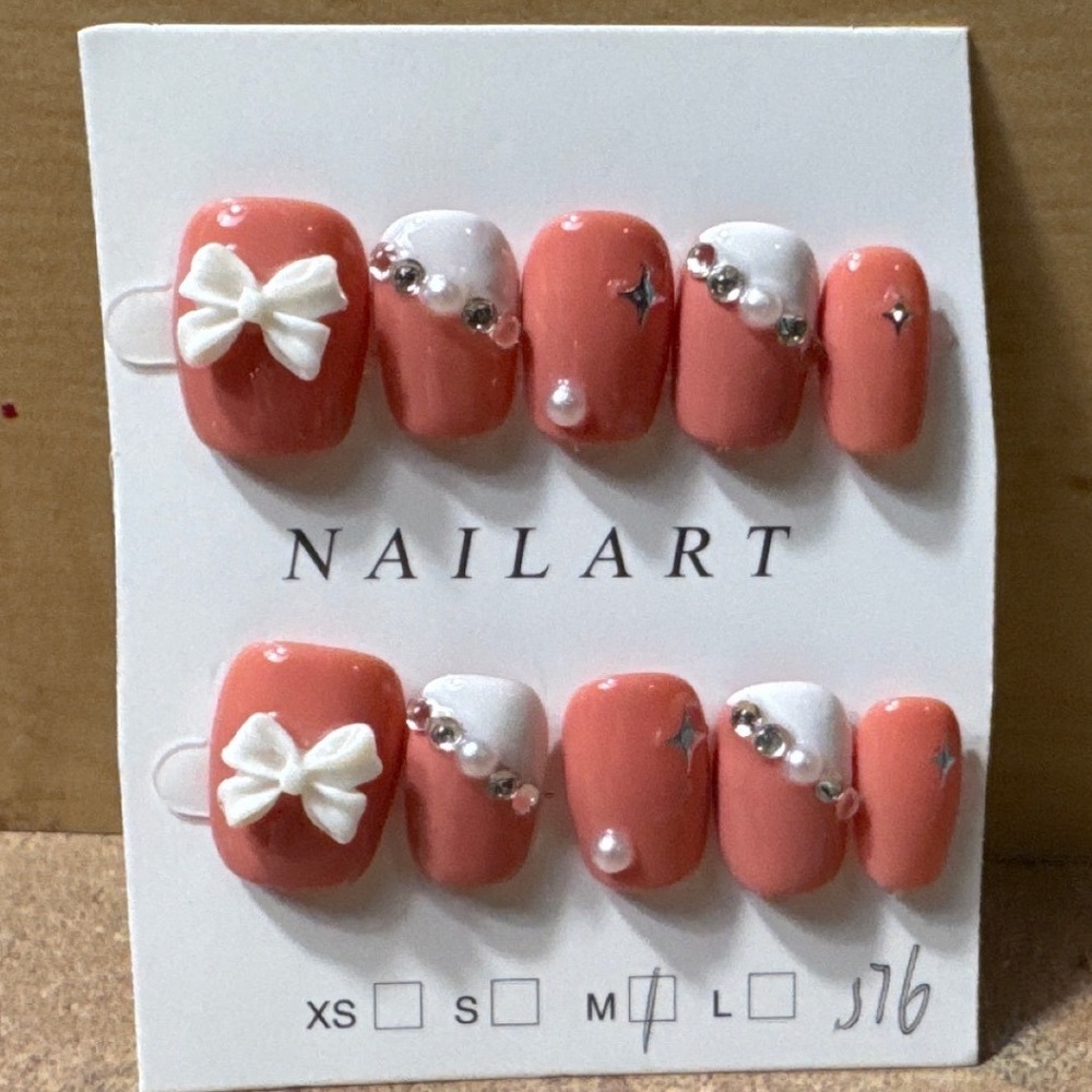 Salmon Pink Press On Nails 3D Bow Pearl Rhinestone Star Coquette Medium‎ Set